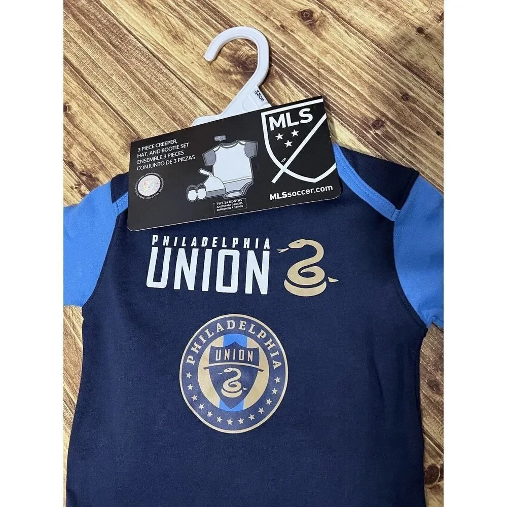 NWT MLS Soccer Philadelphia Union Baby 3pc Creeper Set 24m